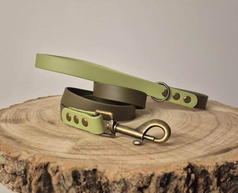 A Custom Two Colour 1.2m Lead in green and brown with brass fittings is coiled on a round wooden surface against a neutral background, combining style and function for everyday walks.