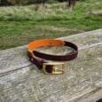A brown and orange leather dog collar with a gold buckle lies on a weathered wooden bench in a grassy outdoor park, with trees and a cloudy sky in the background.