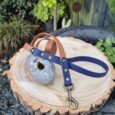 A brown and navy blue dog lead with brass fittings rests on a round-cut tree stump, with a stone and garden plants in the background.