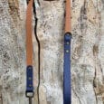 A brown and navy blue leather dog lead with brass fittings is laid out on a weathered, textured tree trunk.
