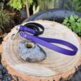 The Midnight Amethyst Two Colour Lead with a metal clip rests coiled on a tree stump beside a holed grey rock, outdoors among green plants and a wooden fence.