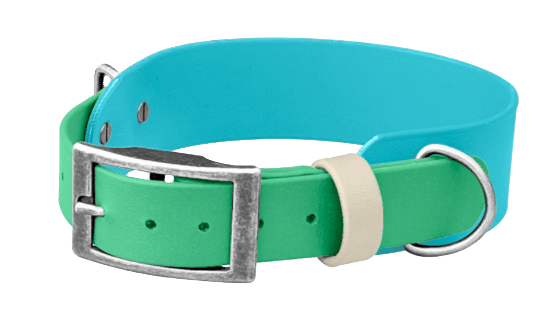 Handmade wide dog collar in turquoise and green BioThane with metal buckle and D-ring, customisable for your pet.