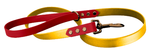 Handmade BioThane dog lead in vibrant red and yellow, featuring sturdy clips and comfortable grip sections for stylish walks.
