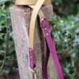 A two-tone dog lead with tan and purple sections and gold fittings is looped around a weathered wooden post, with green foliage in the background.