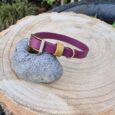 A maroon dog collar with gold and silver fittings is displayed on a smooth grey stone, placed on a large, round tree stump outdoors with greenery in the background.
