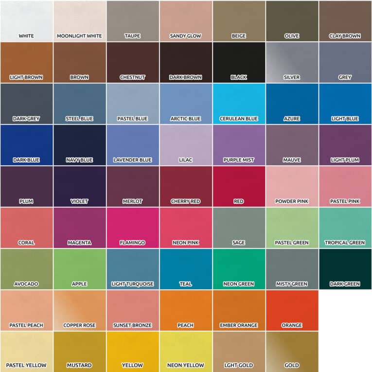 A 61-colour chart displays labelled shades—whites, browns, blues, metallics (silver and gold)—making it easy to choose the perfect hue for your Traffic Handle or any creative project.