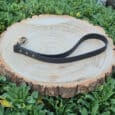 A Custom Single Colour Traffic Handle with a metal clasp lies coiled on a round tree stump, surrounded by green leafy plants.