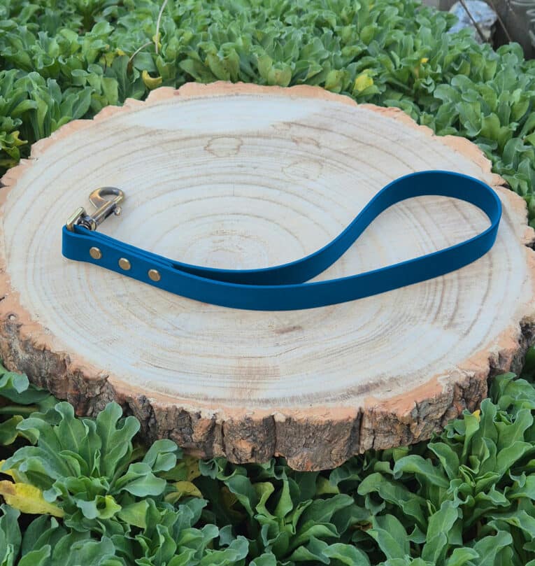 The Custom Single Colour Traffic Handle lead, featuring a metal clasp, is laid in a loop on a round wooden tree slice and surrounded by green leafy plants.