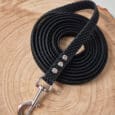 A black textured Super-grip Biothane Training Tab / Obedience Lead 51cm with a silver clasp and three metal studs is coiled neatly on a wooden surface with visible tree rings.