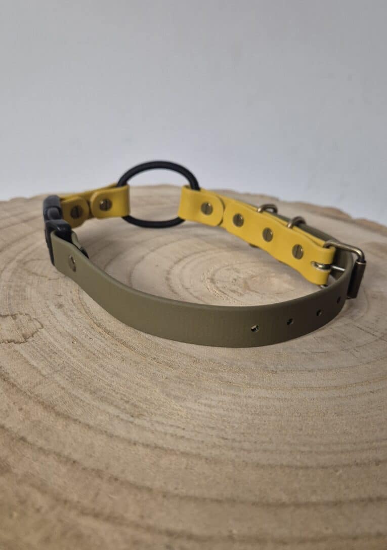 The Quick-Snap Bungee Collar, featuring olive green and yellow straps, metal rivets, and a black Quick-Snap ring, rests on a round light wooden surface against a plain background.