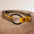 A yellow and olive green dog collar with a black elastic loop and metal fittings, resting on a wooden surface.