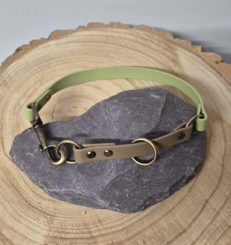 A two-tone dog collar with a green strap and a brown strap featuring brass fittings, displayed on a smooth, grey stone atop a circular, wooden surface.