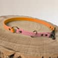 A two-tone dog collar with orange and pink sections featuring brass fittings, displayed on a textured wooden surface with visible tree rings.