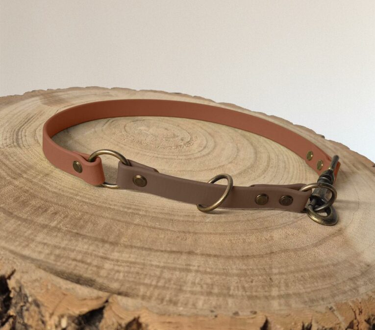 A brown and tan leather dog collar with metal rings and rivets is displayed on a wooden tree stump slice. The collar is arranged in a circular shape with a clasp visible on the right side.