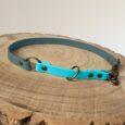 A blue and teal dog collar with brass fittings is displayed on a round, natural wooden surface with visible tree rings.