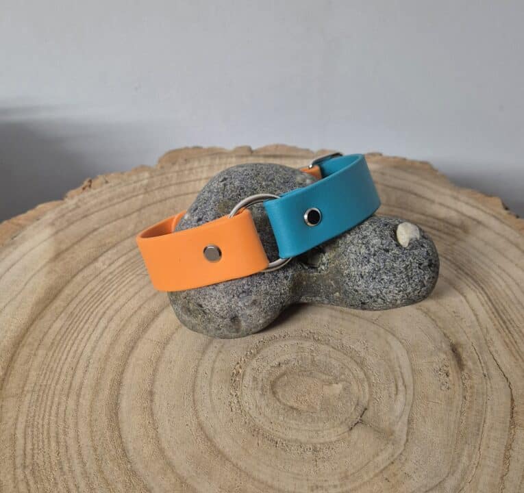 Biothane Centre O-Ring Collar in vibrant orange and turquoise, displayed on natural wood and stone, showcasing the independent strap design.