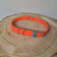 Bright orange Biothane centre O-ring gundog collar with teal accent band, displayed on natural wood showing independent strap movement design.