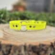 Bright yellow Biothane centre O-ring collar displayed on wooden log, featuring silver hardware and independent strap sections for safe escape design.
