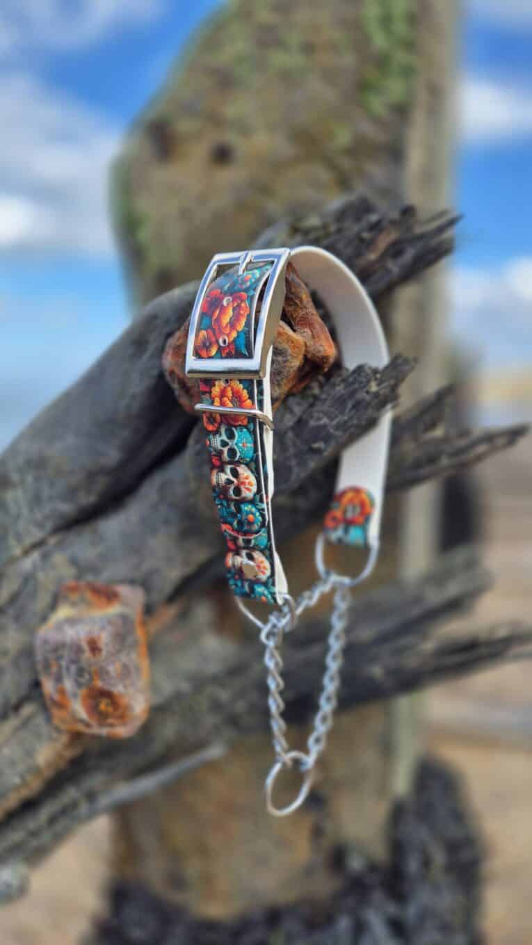 Handmade BioThane dog collar and lead featuring vibrant floral skull embroidery, displayed on weathered wood against blue sky.