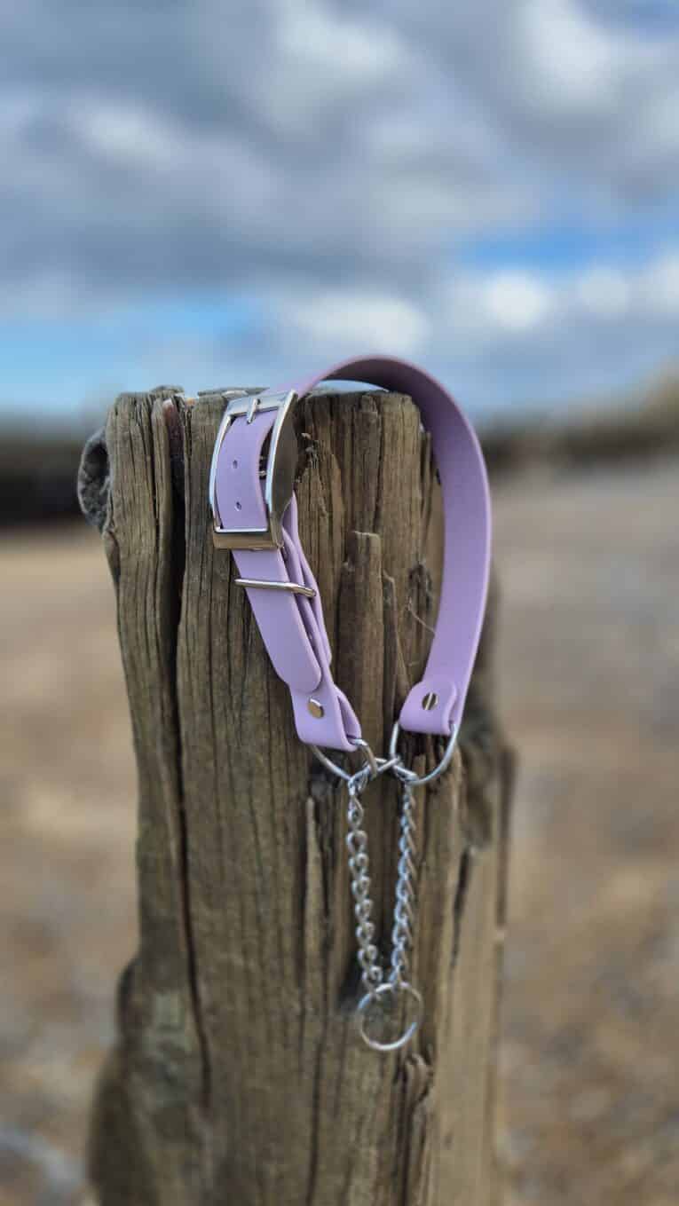 Lavender handmade BioThane dog collar and lead draped over weathered wooden post on beach.