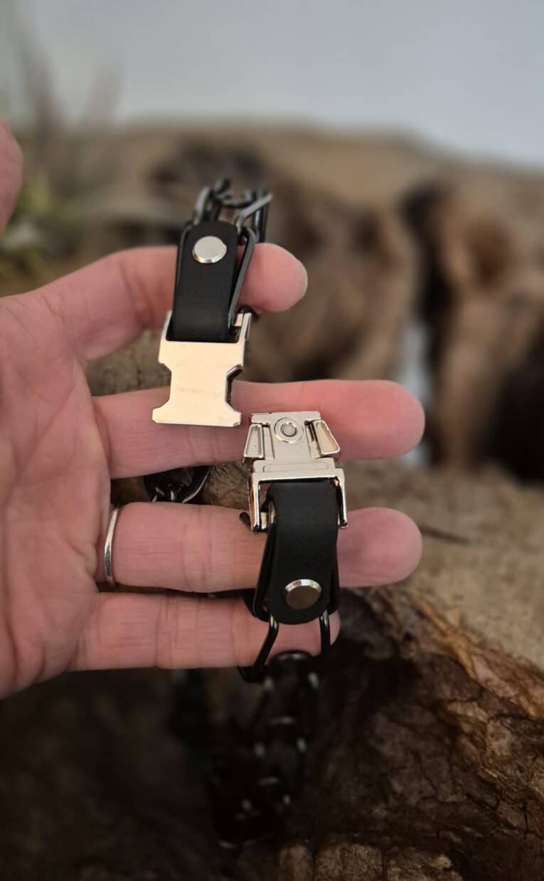 Handmade BioThane dog collar and lead displayed in hand, featuring black and cream hardware against blurred countryside background.