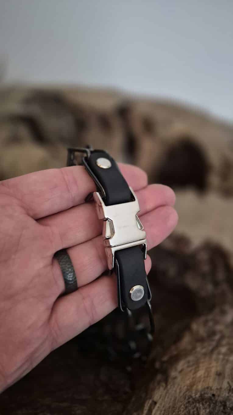 Handmade BioThane dog collar in black and white held in hand, with rugged landscape backdrop.