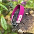 Vibrant pink BioThane martingale half-slip collar with white hardware and chain detail, positioned on a weathered log surrounded by garden foliage and purple flowers.