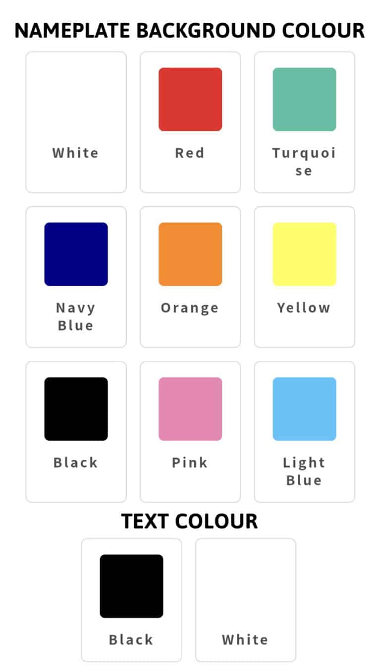 Nameplate background colour options for Centre O-Ring Collar gundog collar: white, red, turquoise, navy blue, orange, yellow, black, pink, and light blue swatches displayed in a grid.