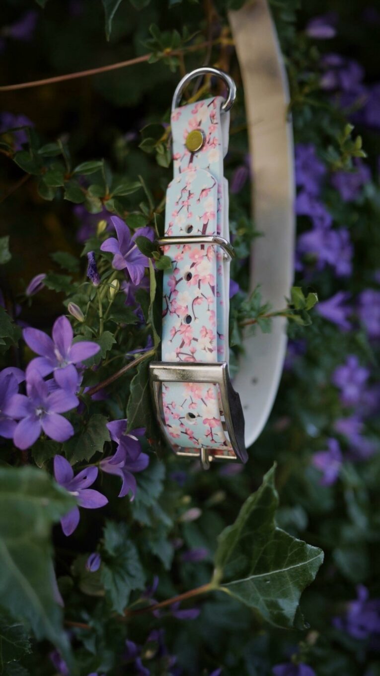 Floral adjustable martingale half-check collar in pink and white, hung among vibrant purple flowers in a garden setting.
