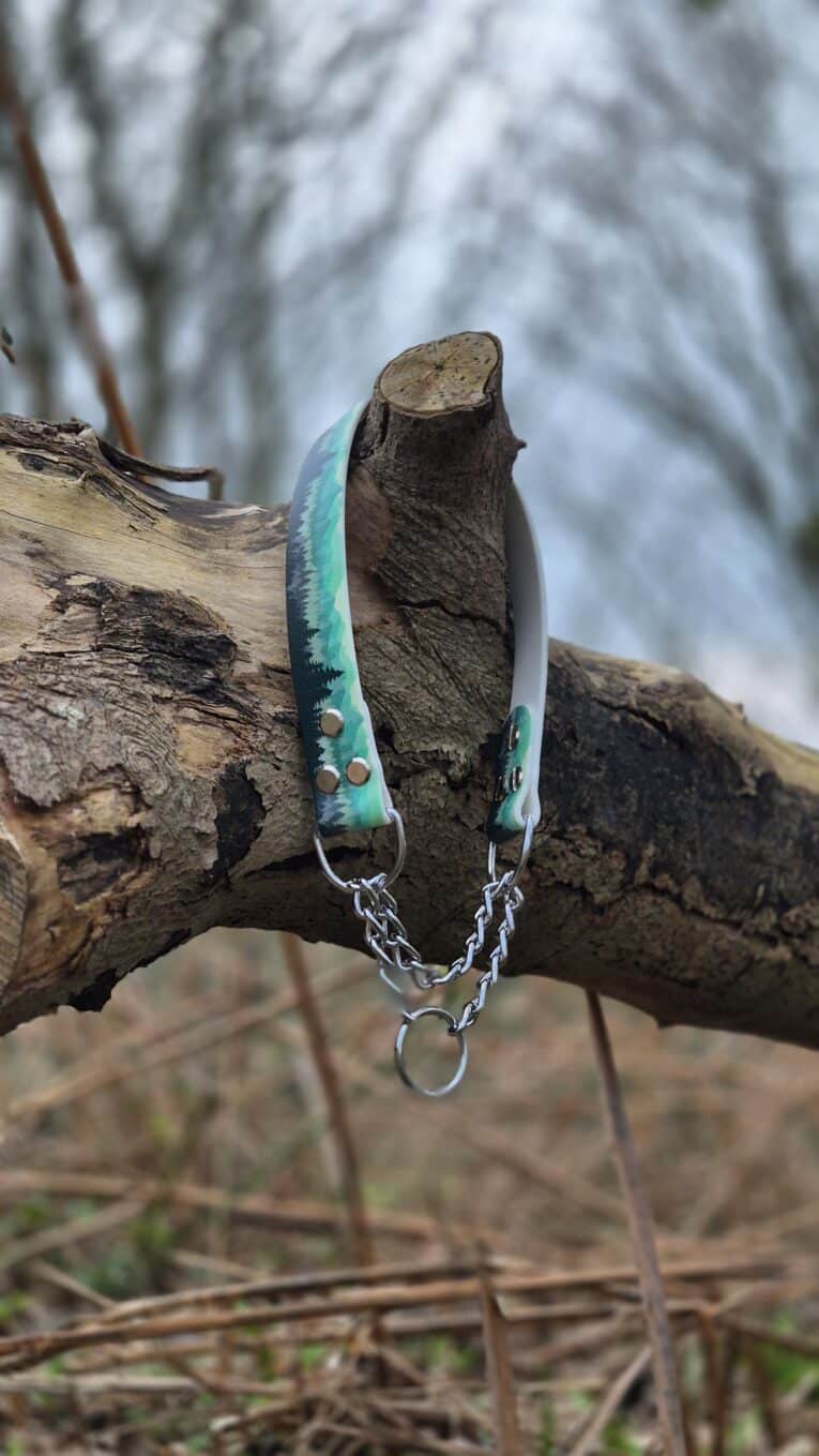 Biothane martingale half-check collar in turquoise and white with stainless steel chain and hardware, displayed on rustic wood branch.