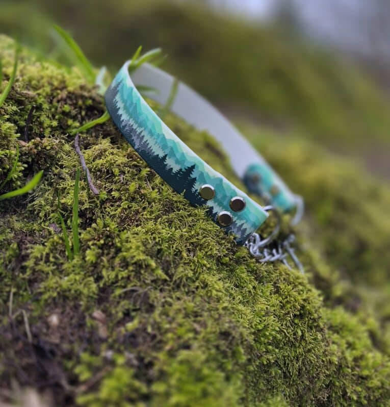 Turquoise printed Biothane Martingale Half-Check Collar with stainless steel hardware, displayed on moss-covered ground.