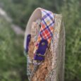 Martingale half-check collar with purple BioThane and colourful diamond pattern, displayed on weathered wood post outdoors.