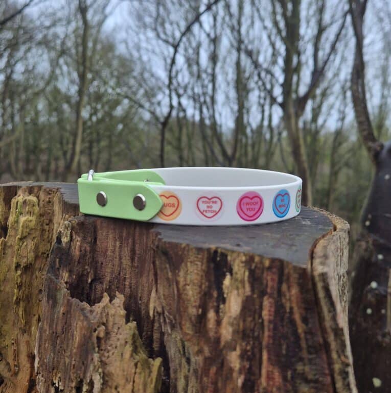 Lightweight ID tag collar in white with printed love-heart messages, featuring a bright green Biothane closure, displayed on a mossy woodland tree stump.