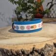 Blue and cream quick-snap customisable dog collar featuring printed candy heart motifs with sweet messages, displayed on wooden surface with potted plants.