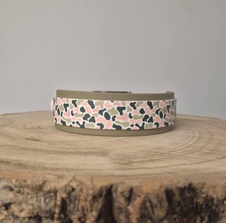 Printed Hound Collar in soft pink, black and sage tones, displayed on natural wood with taupe hardware and quick-snap closure.