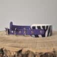Purple Biothane dog collar with nickel hardware and zebra-striped printed panel, displayed on natural wood.
