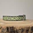 Handmade BioThane dog collar in lime green and black snake pattern, displayed on natural wood with metal buckle fastening.