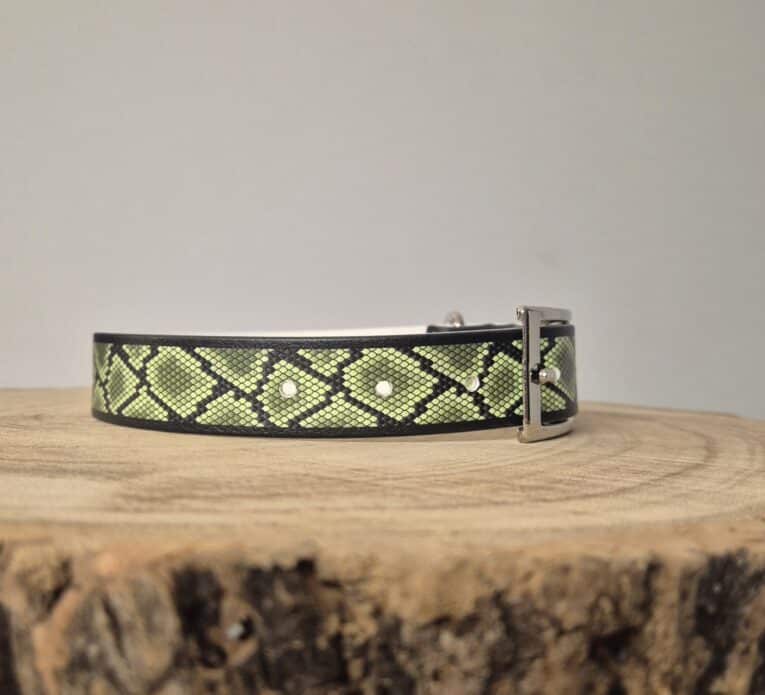 Handmade BioThane dog collar in lime green and black snake pattern, displayed on natural wood with metal buckle fastening.