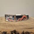 Handmade BioThane dog collar featuring vibrant red dragon artwork on dark fabric, displayed on natural wood with matching D-ring and metal buckle.