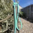 Mint green printed hound collar with polka dot pattern, displayed on wooden post with blooming hedging and garden path behind.