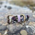 Colourful printed quick-snap dog collar with purple floral design and lavender webbing, positioned on pebbles by the seaside.
