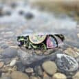 Colourful quick-snap customisable dog collar with botanical print design positioned on pebbles by the shore, showcasing waterproof durability.