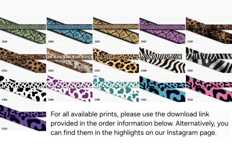 Vibrant collection of printed Biothane dog collars in animal prints, pastels, and bold patterns, displayed in a grid showcase.