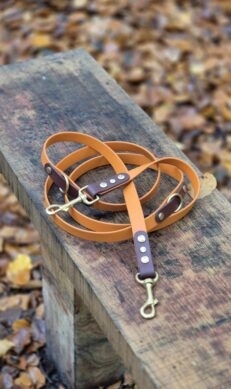 Amber and dark brown BioThane multiway lead coiled on weathered wood, featuring brass hardware and secure fixings.