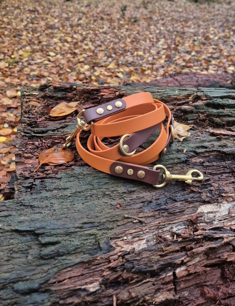 Amberwood colour multiway lead with brass hardware, coiled on weathered wood with pebbles background.