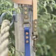 Handmade BioThane dog lead with cream handle straps and blue lead, featuring brass studs and hardware, displayed on weathered post.