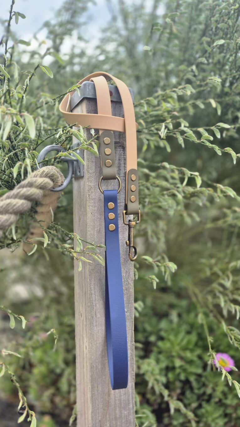 Handmade BioThane dog lead in blue with tan handle, displayed on wooden post surrounded by garden foliage.