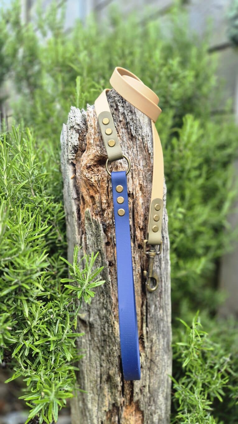 Handmade BioThane dog lead in blue and cream with brass fittings, displayed on weathered wood outdoors.