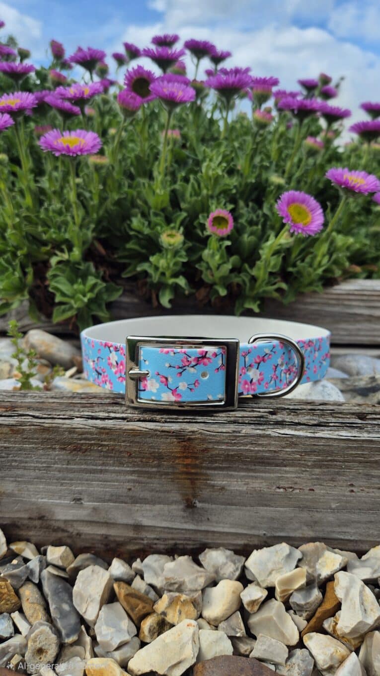 Handmade BioThane dog collar with cherry blossom print design displayed on weathered wood beside purple flowers.