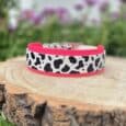Handmade BioThane dog collar with cow print and neon pink trim, displayed on wooden log in garden setting.